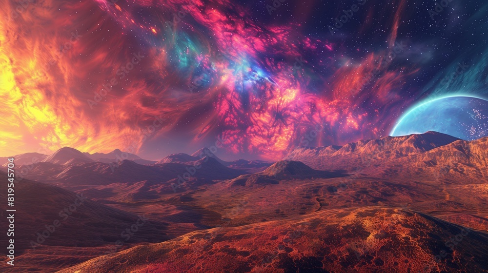 A stunning 3D rendering of an exoplanet, with rolling hills and brilliant, colorful skies.