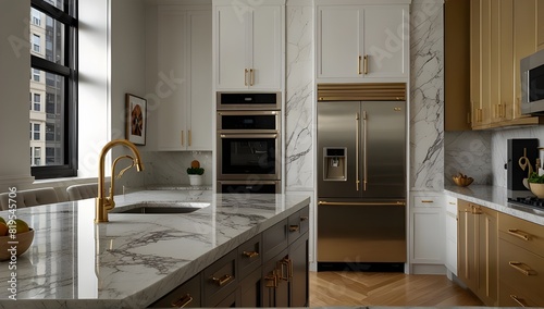 A stylish kitchen in Chicago with gold hardware, stainless steel appliances, and white marbled granite counters.