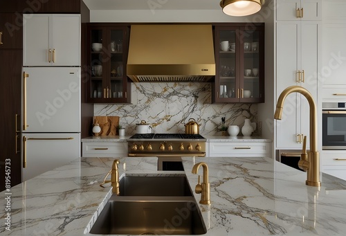 A stylish kitchen in Chicago with gold hardware, stainless steel appliances, and white marbled granite counters.