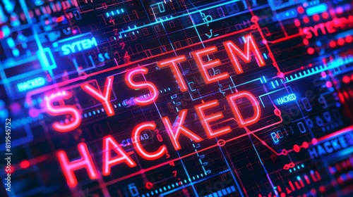 Cybersecurity Breach Alert - Abstract Futuristic Background with Binary Code Network and Bold "SYSTEM HACKED" Text