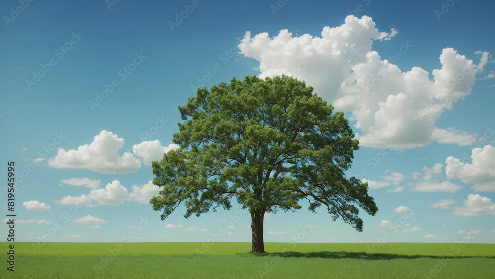 A large tree stands alone in the middle of a grassy field on a clear day with white clouds.

