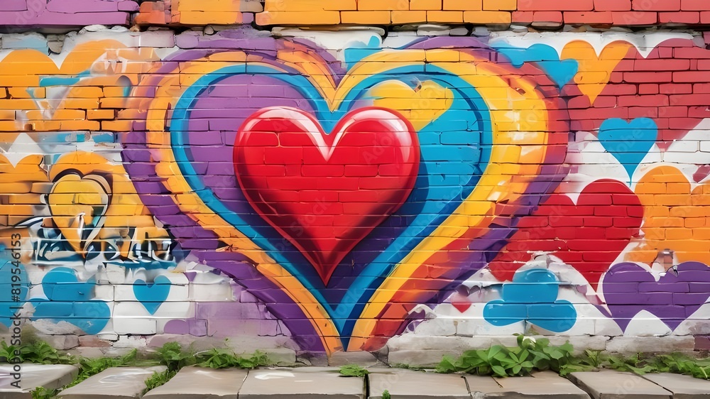 Obraz premium Brick wall with painted hearts in graffiti style.