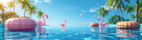 Inflatable flamingos and floaties in a tropical pool with palm trees and blue sky