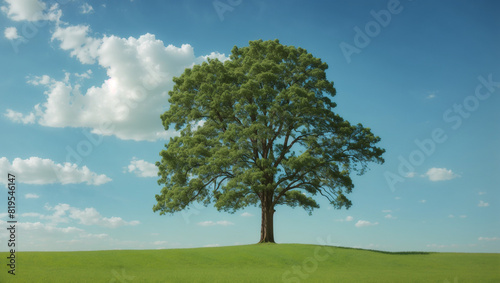 A large tree stands alone in the middle of a grassy field on a clear day with white clouds.