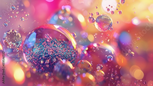 A surreal and captivating 3D rendering of polymorphic, constantly morphing spherical forms, blended with a cascade of multicolored particles in dazzling hues in ultra HD with magnificent clarity. photo