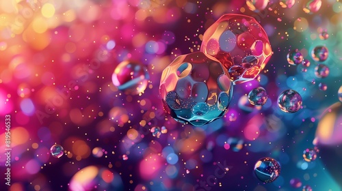 A surreal and captivating 3D rendering of polymorphic, constantly morphing spherical forms, blended with a cascade of multicolored particles in dazzling hues in ultra HD with magnificent clarity. photo