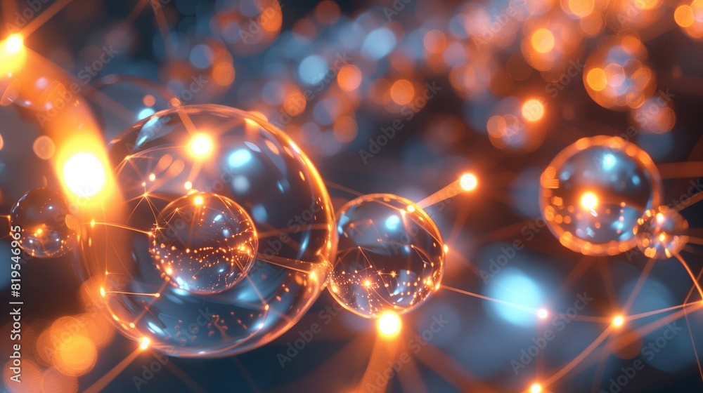 A touch of futurism and technology is palpable in this abstract 3D render of glowing, interconnected spheres and orbs, captured with breathtaking clarity and detail. A touch of futurism and technology is palpable in this abstract 3D render of glowing, interconnected spheres and orbs, captured with breathtaking clarity and detail.