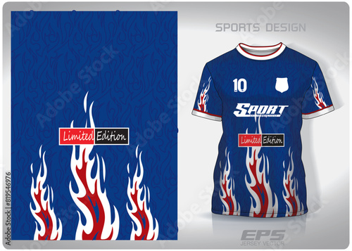 Vector sports shirt background image.Blue white red fire pattern design, illustration, textile background for sports t-shirt, football jersey shirt