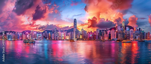 Beautiful night view of the Hong Kong skyline with illuminated buildings and boats on the water, a colorful sky, clouds, and city lights. A modern metropolis in China at sunset. A panoramic view of th