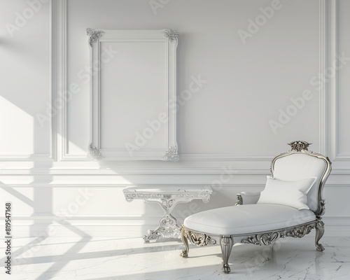 Sophisticated interior with one frame on a white wall, featuring a white chaise lounge and an ornate white marble table. photo