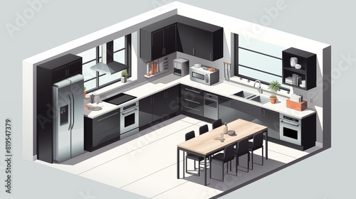 Modern vector concept isometric kitchen, white walls, black furniture, and large windows