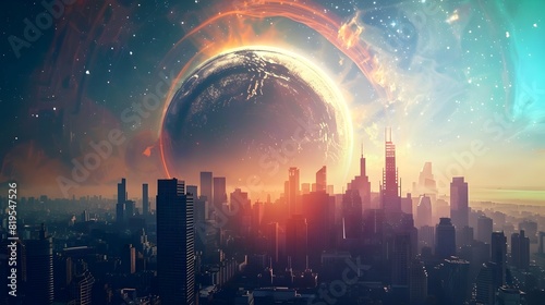 Futuristic Cityscape Transformed by Blockchain A Surreal Celestial Phenomenon Generative ai