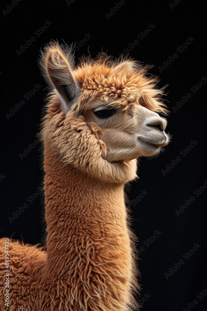 Obraz premium Mystic portrait of Alpaca, copy space on right side, 