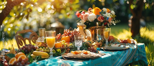 Elegant picnic party, luxury decor, outdoor setting, photorealistic, vibrant colors, intricate details, bright sunny day