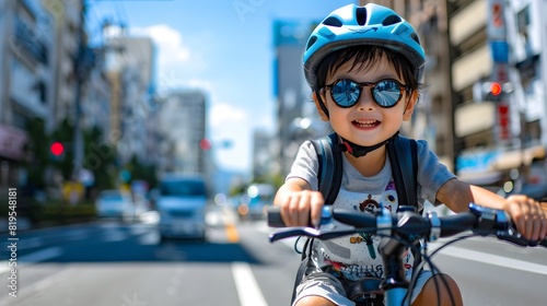 Young Boy Riding Bicycle in Lively City Street with Enthusiasm