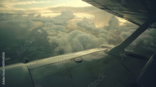 Aerial Perspective of Cloudscape from Airplane Window During Flight