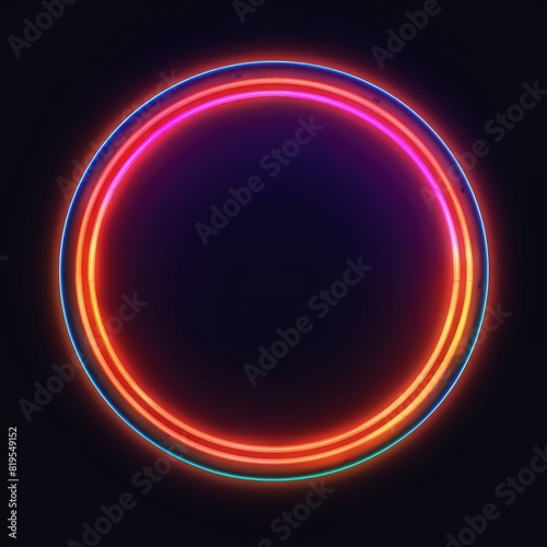 Circular neon light rings on dark background with reflective surface. Contemporary design for vibrant backgrounds and circular concepts. Luminous light with vibrant color in circle shape. AIG35.