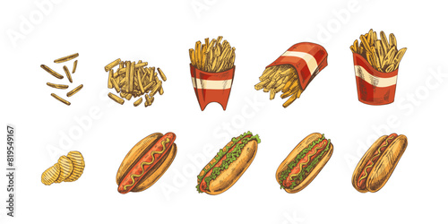 Hand-drawn colored sketches of street food, takeaway food, fast food, junk food. Potato french fries, chips, hot dogs set. Great for menu.
