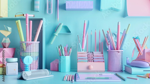 3d rendering of colorful pastel stationery and desk accessories on blue table in cute interior background.
