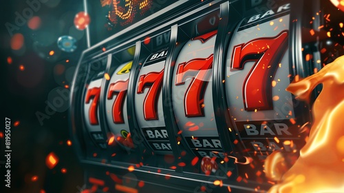 3d render of slot machine with the number "7" spinning on dark background with fire and sparks. banner for online casino, gambling, mobile game or poker tournament concept.