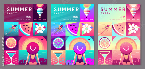Set of fluorescent flat summer disco party posters with summer attributes. Cocktail , tropic fruits, girl in hat and hot air balloon. Vector illustration