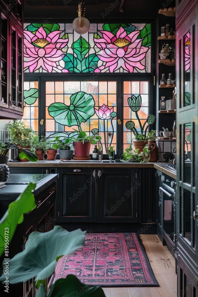Obraz premium A black kitchen with pink and green stained glass windows, featuring lotus flowers. The room also has plants on the counter, creating an atmosphere of elegance and beauty.