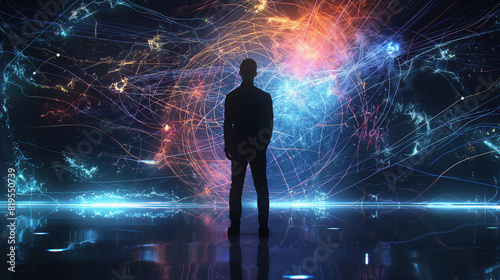 A scientist standing in front of a holographic projection of string theory diagrams, immersed in thought. Dynamic and dramatic composition, with cope space
