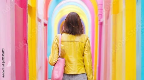 Young woman in yellow leather jacket with pink bag walking through colorful vertical striped tunnel, back view. Female model wearing casual outfit looking at camera standing against bright background