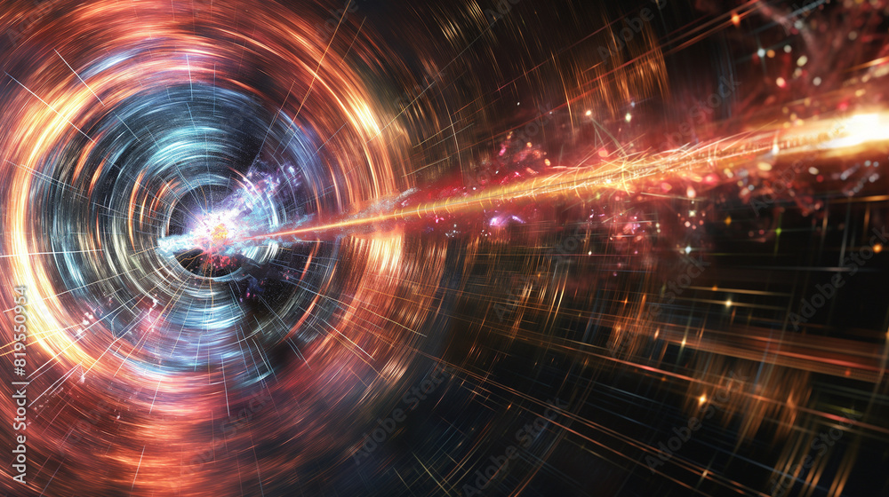 Fototapeta premium A particle accelerator with visualized strings around the collision point, emitting light and energy. Dynamic and dramatic composition, with cope space