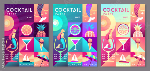 Set of Fluorescent flat summer disco party posters with summer attributes. Cocktail , tropic fruits, mermaids, ice cream and ship. Vector illustration
