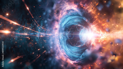 A particle accelerator with visualized strings around the collision point, emitting light and energy. Dynamic and dramatic composition, with cope space photo