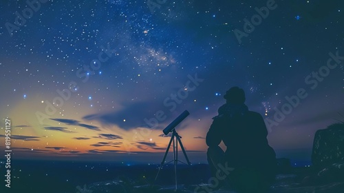 Silhouette of a person stargazing with a telescope under a night sky filled with stars and a beautiful sunset horizon.