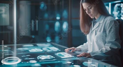 Female Neurologist Using Interactive Touch Screen Table With Modern Biotechnology Research. Doctors Develop Innovative Device For Brain Damage Sufferers photo