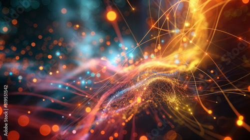 A digital render of strings vibrantly interacting to form subatomic particles, glowing with energy. Dynamic and dramatic composition, with cope space photo