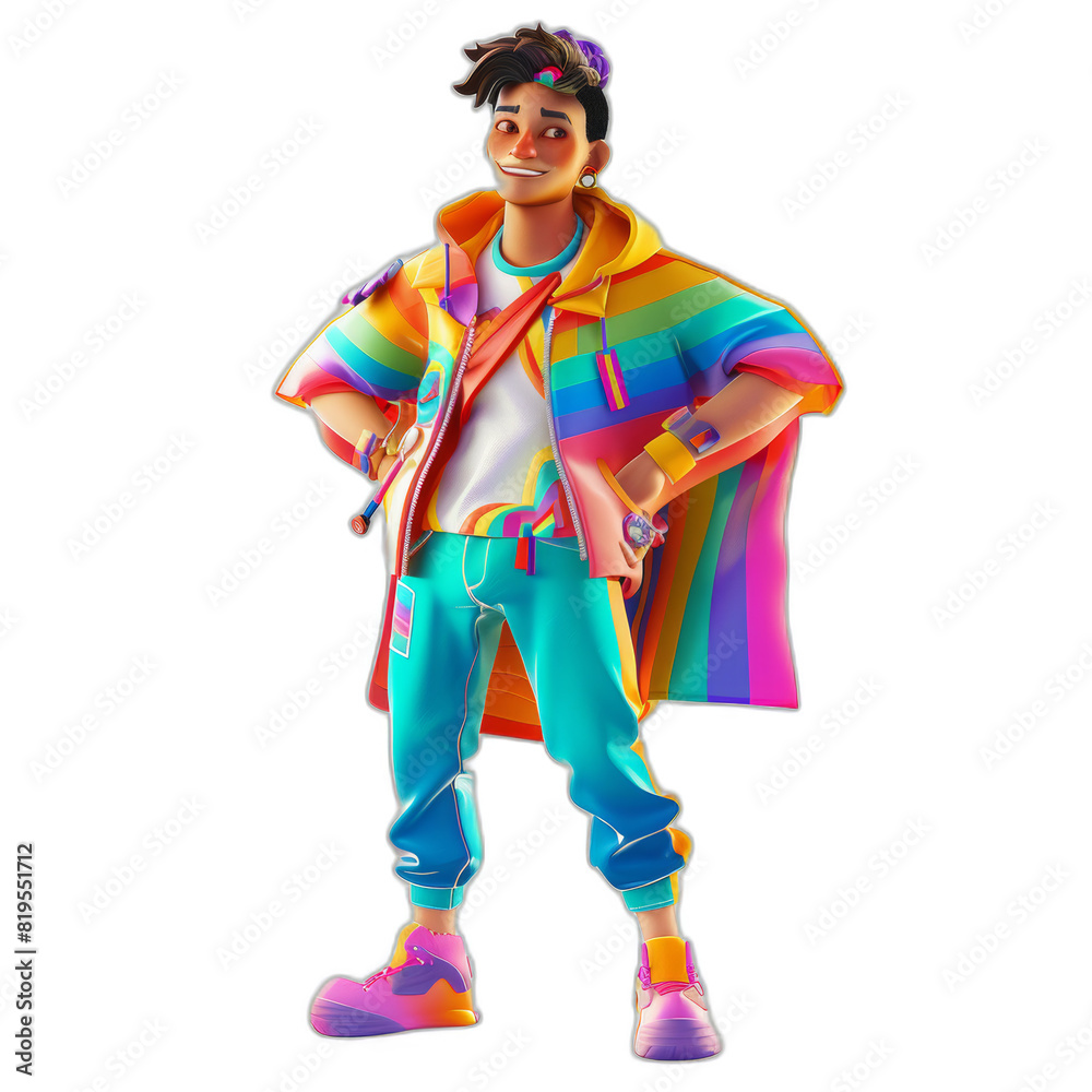 Confident LGBTQ+ Male Character in Stylish Outfit with Pride Flag in 3D Rendered Illustration Confident LGBTQ+ Male Character in Stylish Outfit with Pride Flag in 3D Rendered Illustration