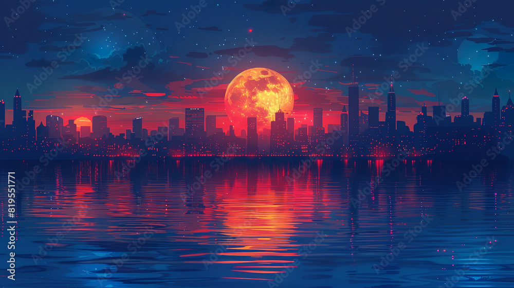 Fototapeta premium color illustration of night city with reflection in water with sunset