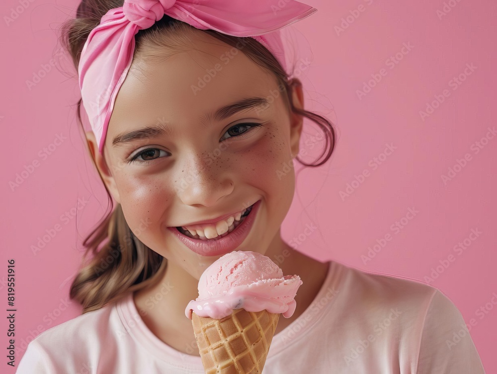 Smiling girl enjoying a pink ice cream cone with pink background. Child wearing a pink headband and T-shirt, highlighting joyful summer moments.