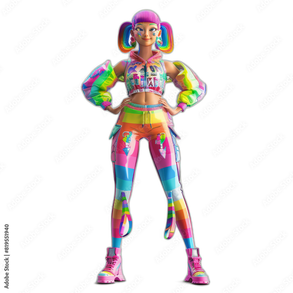 Confident LGBTQ+ Diversity: 3D Female Character with Rainbow Hair in Stylish Outfit Standing Against White Background Confident LGBTQ+ Diversity: 3D Female Character with Rainbow Hair in Stylish Outfit Standing Against White Background