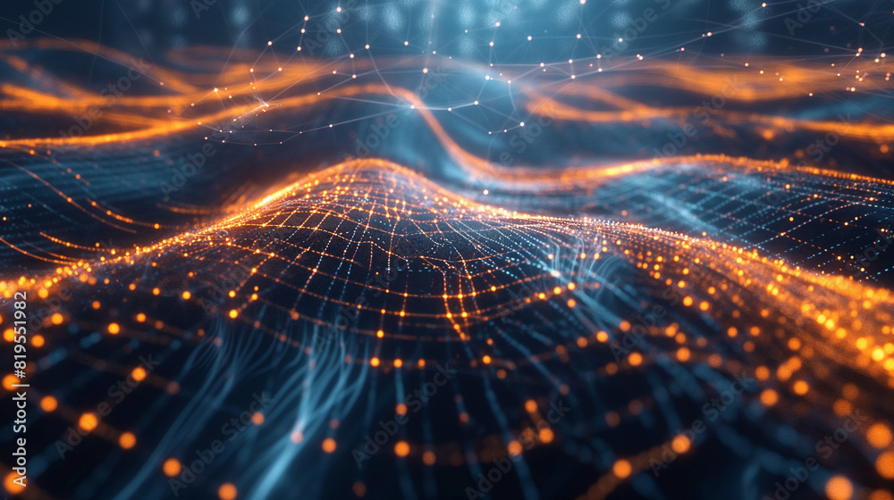 Obraz premium A supercomputer visualizing string interactions on a large screen, with strings glowing and morphing. Dynamic and dramatic composition, with cope space
