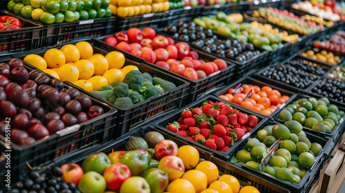 Abstract blurred supermarket aisle with colorful shelves and unrecognizable customers as background. Fresh vegetables on shelf in supermarket for background. Supermarket , fruit and vegetable zone.  © Sweetrose official 