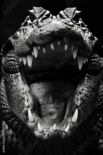 black and white high contrast alligator mouth open, black background, Generate AI.