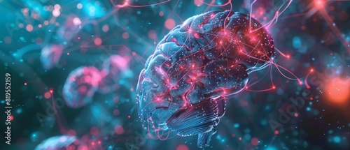 Supercommunicators brain visualized with interconnected nodes, focus on, intelligence, ethereal, manipulation, neural network backdrop photo