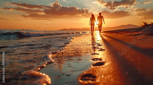 A couple walking handinhand along the water s edge at sunset, footprints left behind focus on, romantic getaway, surreal, Blend mode, tranquil beach photo