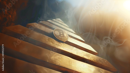 a Bitcoin, a golden coin, placed prominently on a pyramid constructed from gold bars, the background is misty, enhancing the mystique of the scene photo