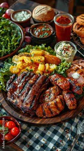 A table set with various barbecue dishes, selective focus, a feast for the eyes, vibrant, manipulation, checkered tablecloth in the backdrop