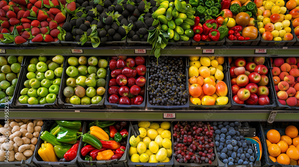 Abstract blurred supermarket aisle with colorful shelves and unrecognizable customers as background. Fresh vegetables on shelf in supermarket for background. Supermarket , fruit and vegetable zone. 