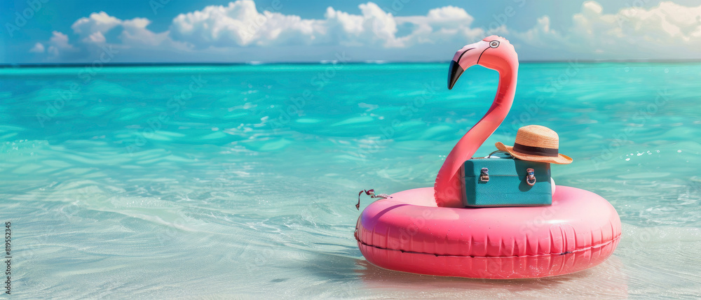 Flamingo rubber or plastic ring with laguage and hat swimming in ocean or sea, summer, holiday, vacation Flamingo rubber or plastic ring with laguage and hat swimming in ocean or sea, summer, holiday, vacation