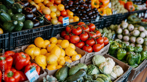 Abstract blurred supermarket aisle with colorful shelves and unrecognizable customers as background. Fresh vegetables on shelf in supermarket for background. Supermarket   fruit and vegetable zone. 