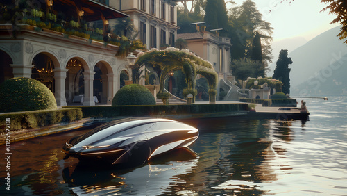 Retro Futuristic Vehicle Parked on the Lake Next to Villa - GENERATIVE AI