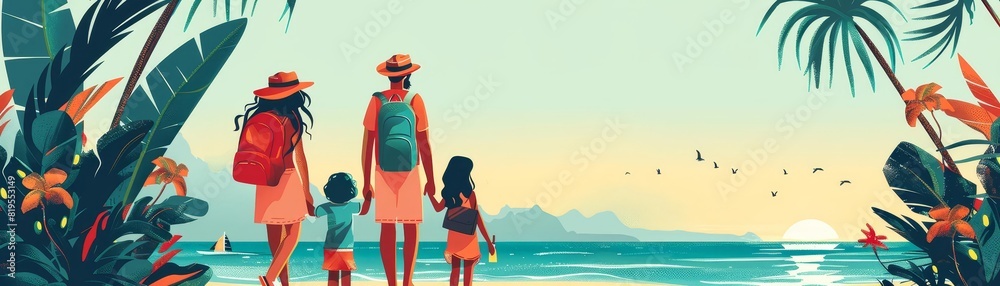 Minimalist travel illustration showing diverse family on vacation, with a limited color palette